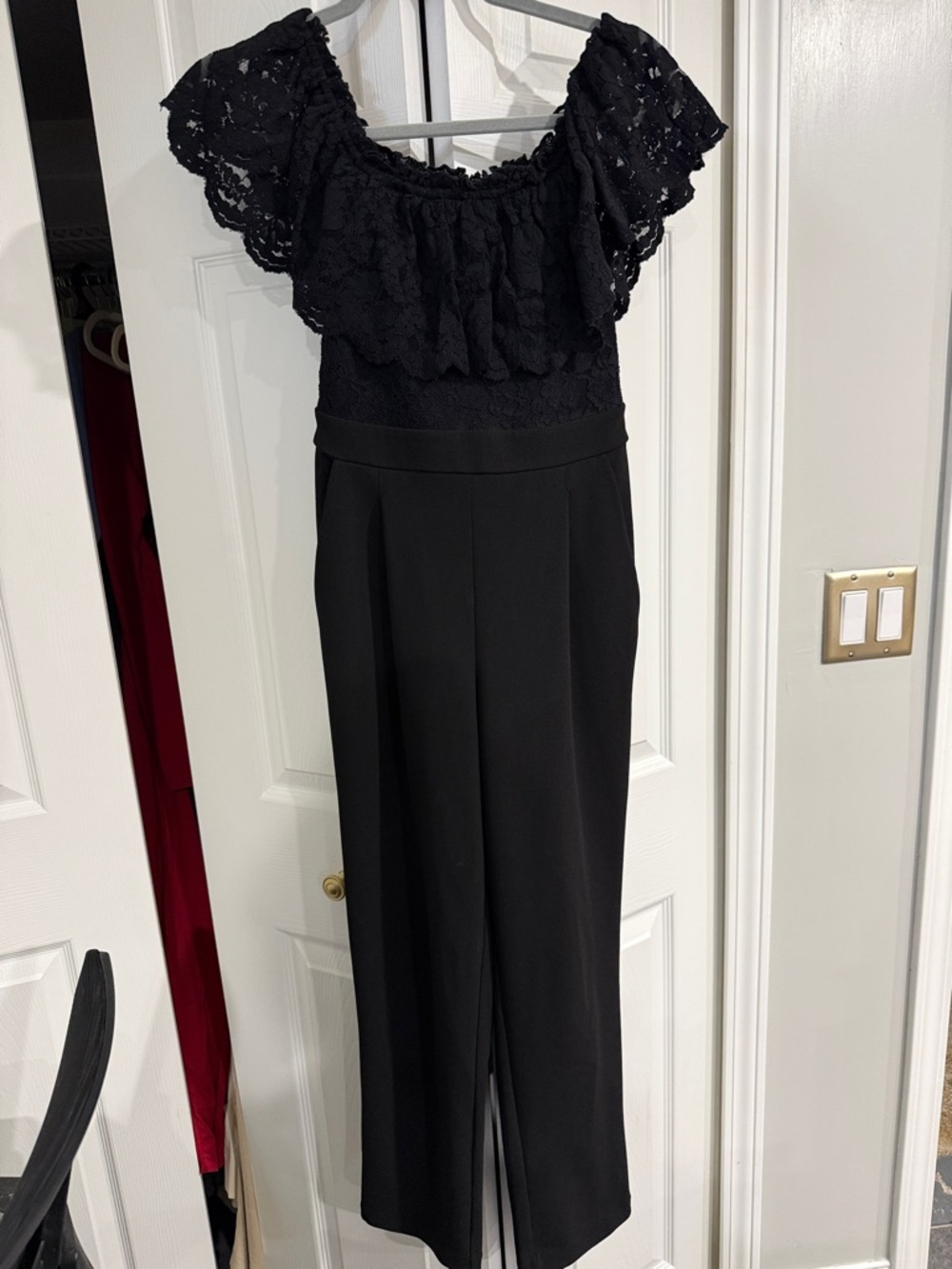 Express Black Lace Off-Shoulder Wide-Leg Jumpsuit